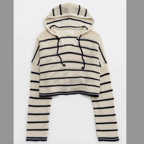 Women's S OFFLINE By Aerie Crochet Sweater Navy White Stripe Cropped Hoodie - Picture 3 of 7